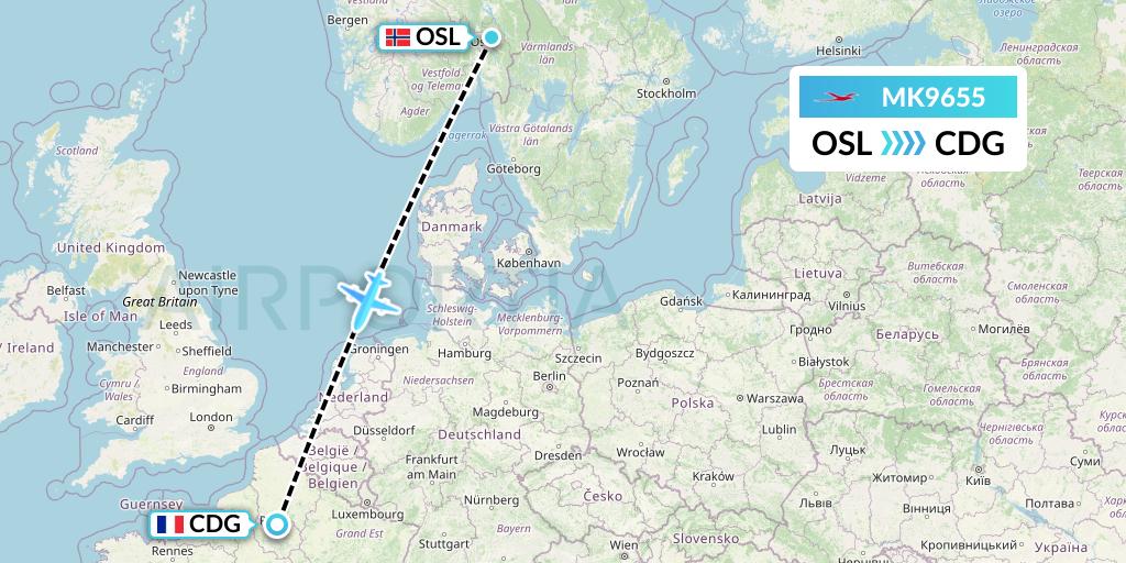 MK9655 Air Mauritius Flight Map: Oslo to Paris