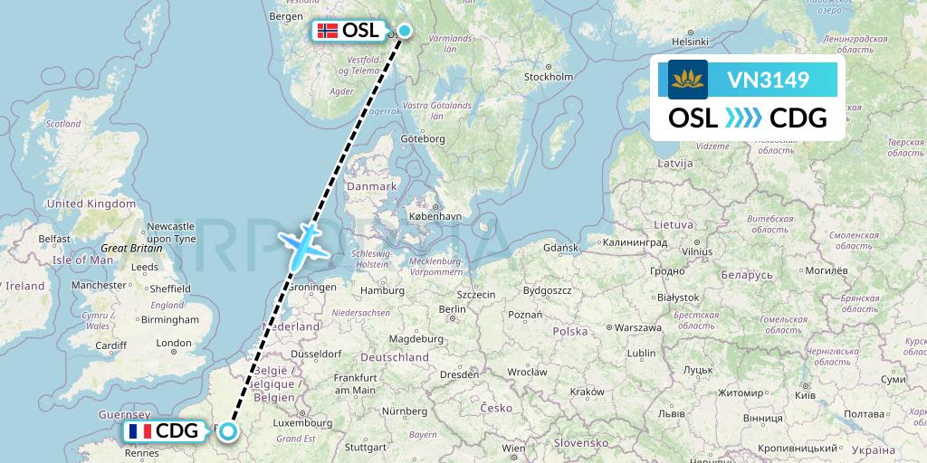 VN3149 Vietnam Airlines Flight Map: Oslo to Paris
