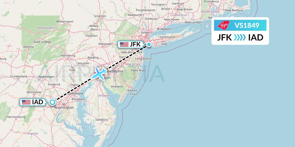 VS1849 Virgin Atlantic Airways Flight Map: New York to Washington
