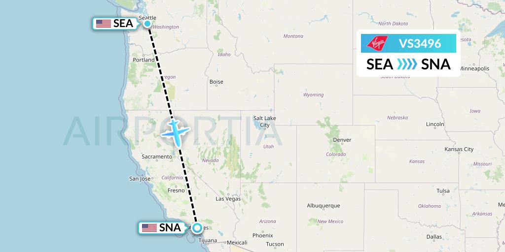 VS3496 Virgin Atlantic Airways Flight Map: Seattle to Orange County