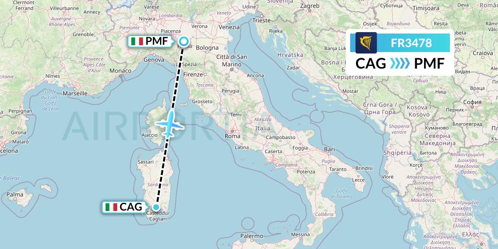 FR3478 Ryanair Flight Map: Cagliari to Parma