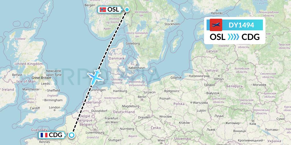 DY1494 Norwegian Flight Map: Oslo to Paris
