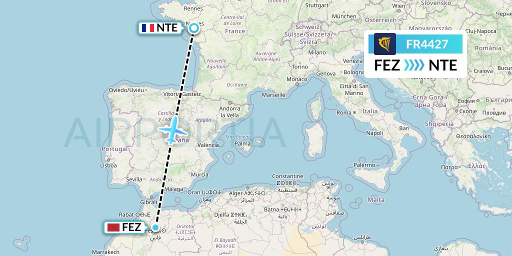 FR4427 Ryanair Flight Map: Fes to Nantes