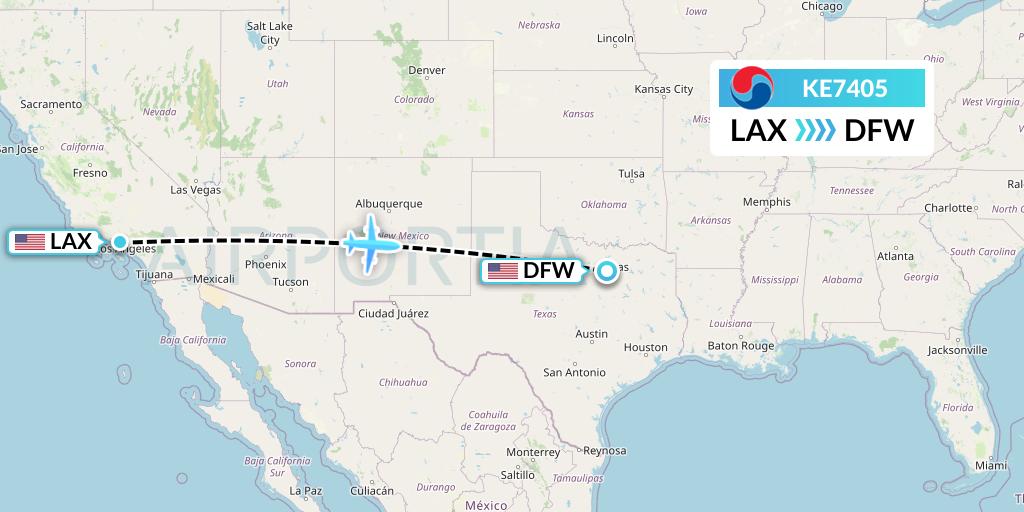 KE7405 Korean Air Flight Map: Los Angeles to Dallas