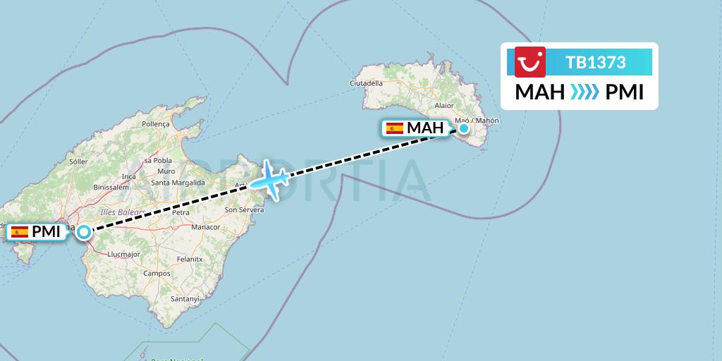 TB1373 TUI fly Belgium Flight Map: Mahon to Palma de Mallorca