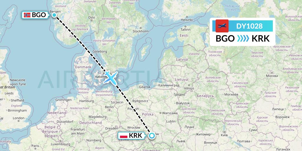 DY1028 Norwegian Flight Map: Bergen to Krakow