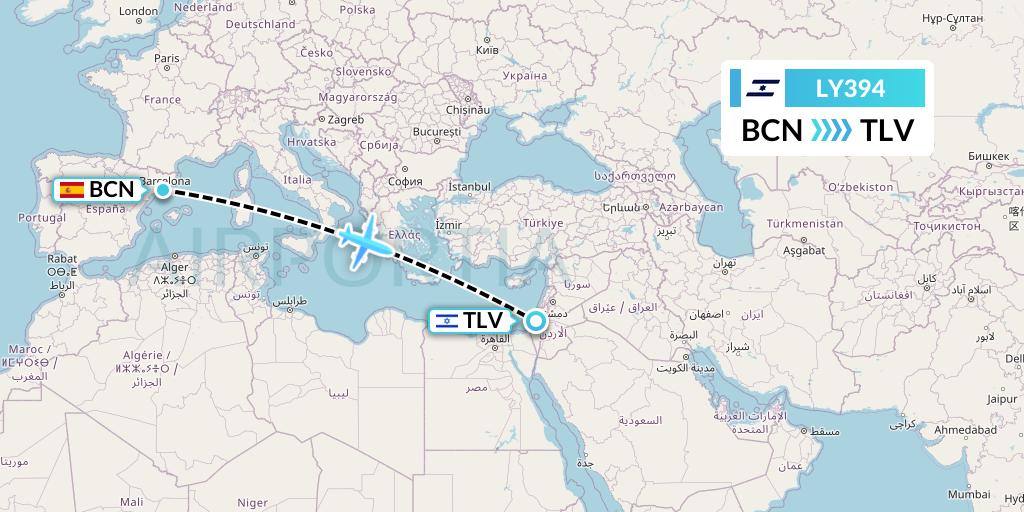 LY394 El Al Flight Map: Barcelona to Tel Aviv
