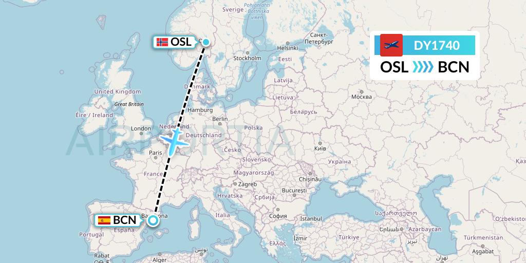 DY1740 Norwegian Flight Map: Oslo to Barcelona