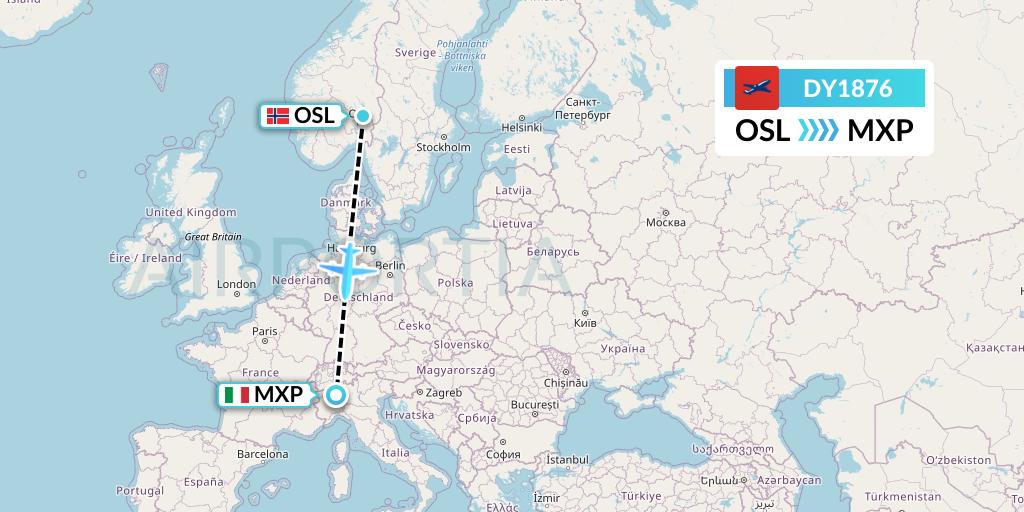 DY1876 Norwegian Flight Map: Oslo to Milan