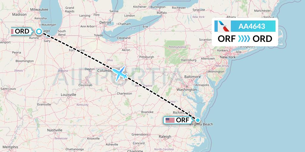 AA4643 American Airlines Flight Map: Norfolk to Chicago