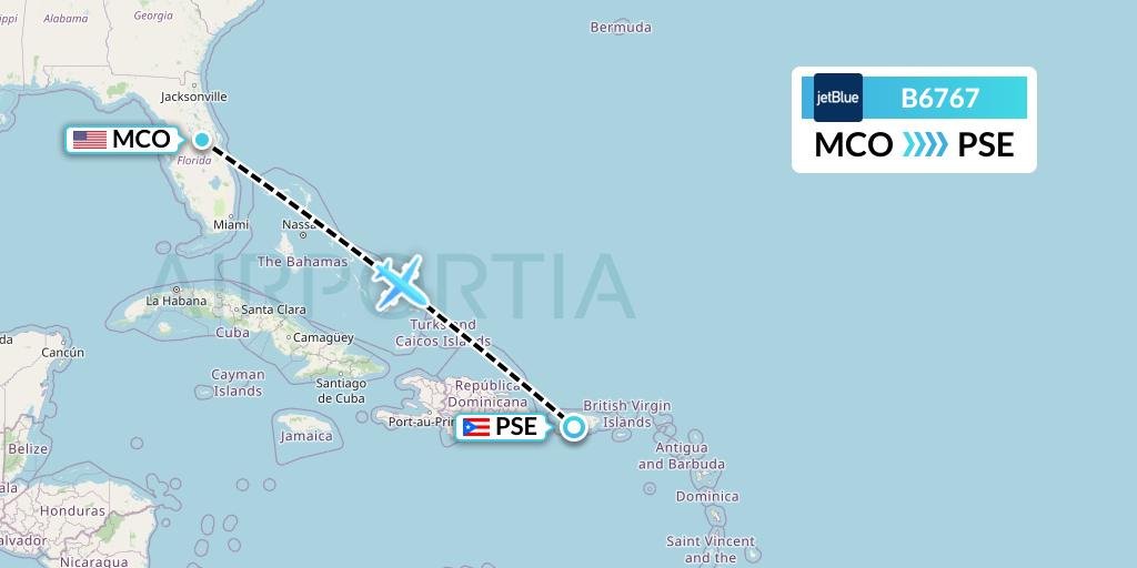 B6767 JetBlue Airways Flight Map: Orlando to Ponce