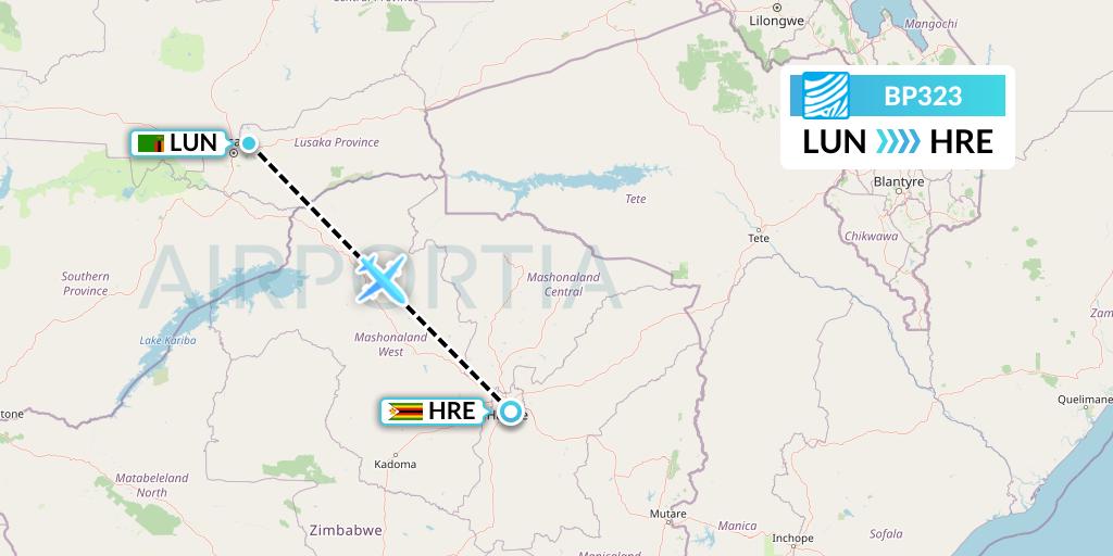 BP323 Air Botswana Flight Map: Lusaka to Harare
