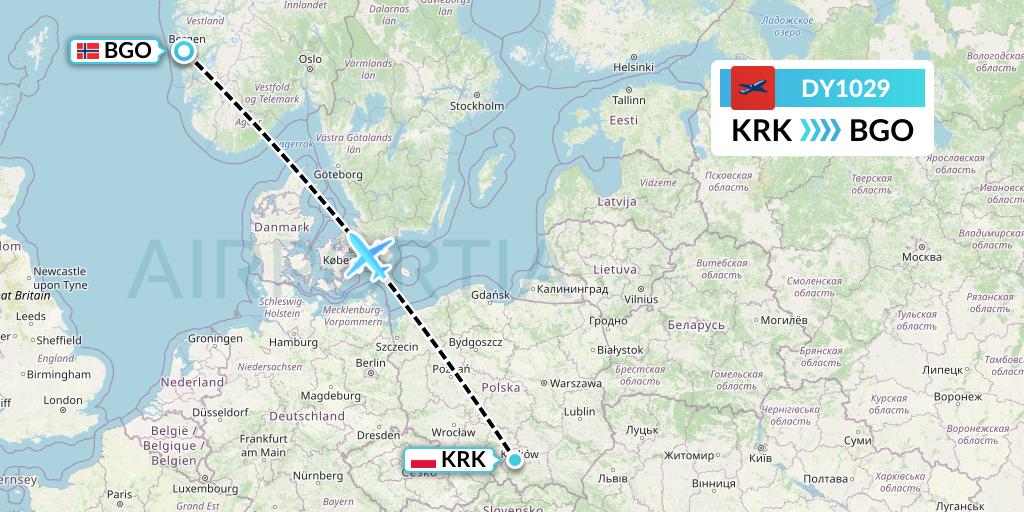 DY1029 Norwegian Flight Map: Krakow to Bergen