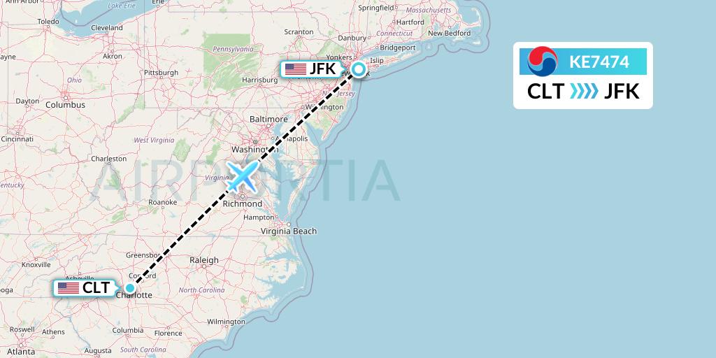KE7474 Korean Air Flight Map: Charlotte to New York