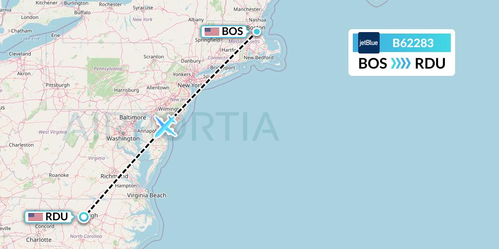 B62283 JetBlue Airways Flight Map: Boston to Raleigh-Durham