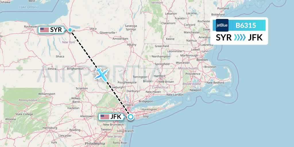 B6315 JetBlue Airways Flight Map: Syracuse to New York