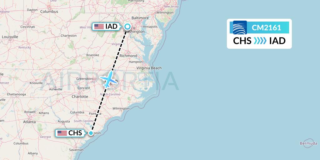 CM2161 Copa Airlines Flight Map: Charleston to Washington