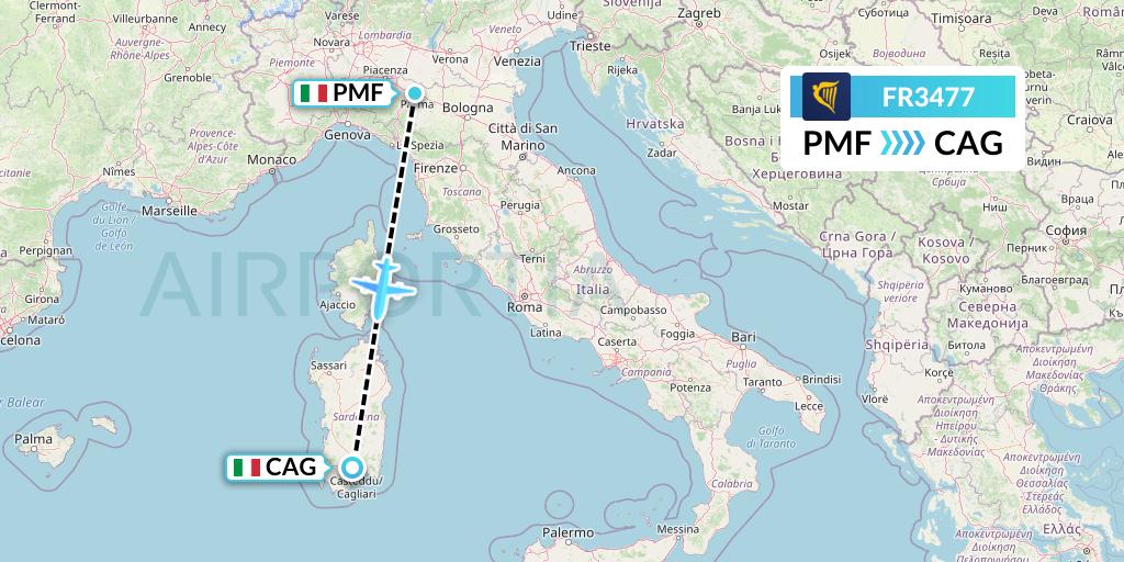 FR3477 Ryanair Flight Map: Parma to Cagliari