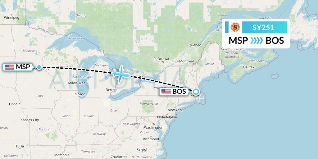 SY251 Sun Country Airlines Flight Map: Minneapolis to Boston