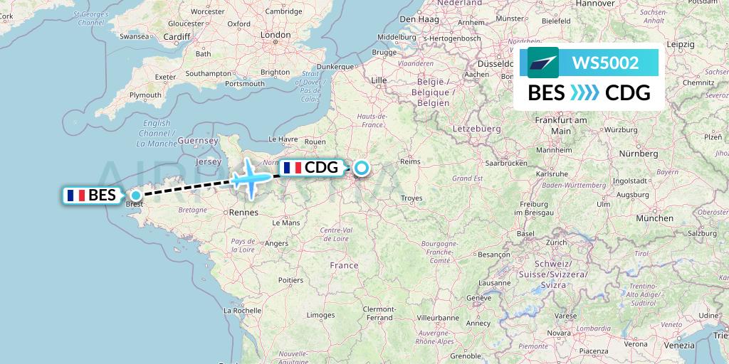 WS5002 WestJet Flight Map: Brest to Paris