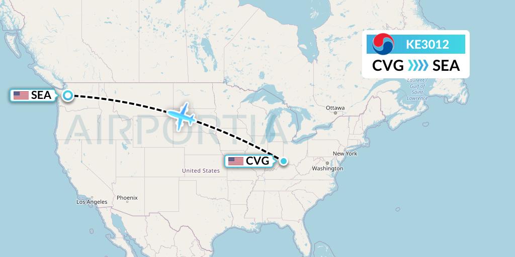 KE3012 Korean Air Flight Map: Cincinnati to Seattle