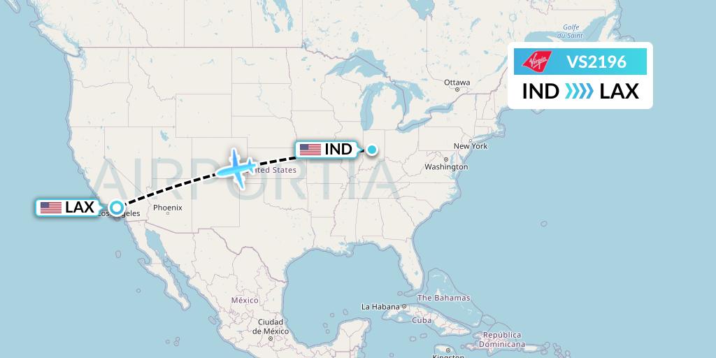 VS2196 Virgin Atlantic Airways Flight Map: Indianapolis to Los Angeles