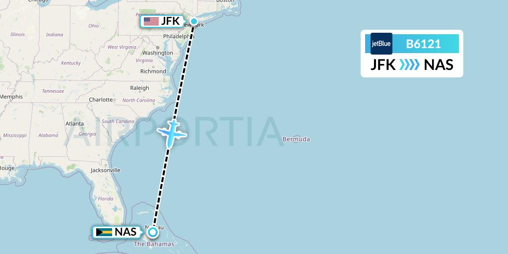 B6121 JetBlue Airways Flight Map: New York to Nassau