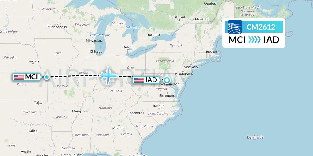 CM2612 Copa Airlines Flight Map: Kansas City to Washington