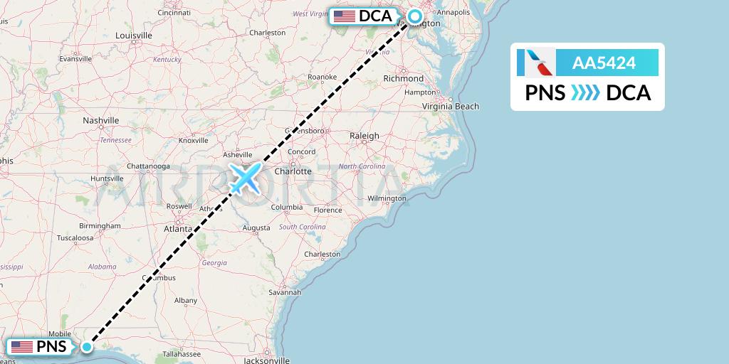 AA5424 American Airlines Flight Map: Pensacola to Washington