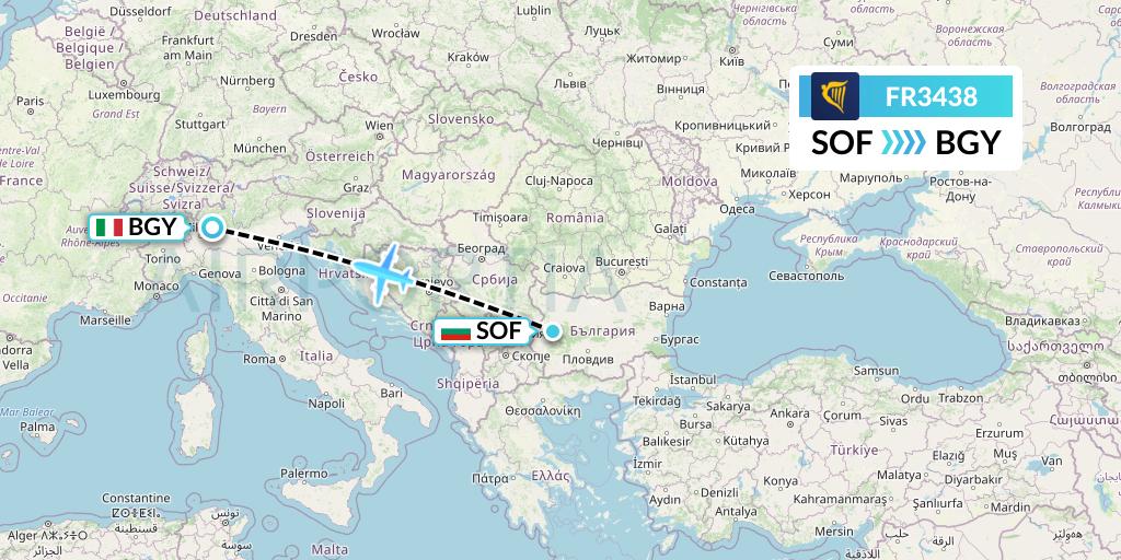 FR3438 Ryanair Flight Map: Sofia to Milan