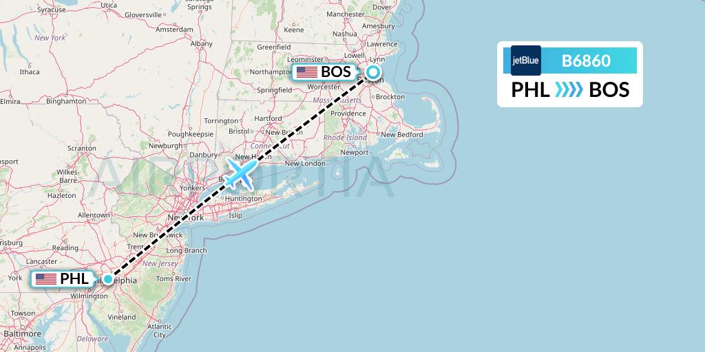 B6860 JetBlue Airways Flight Map: Philadelphia to Boston
