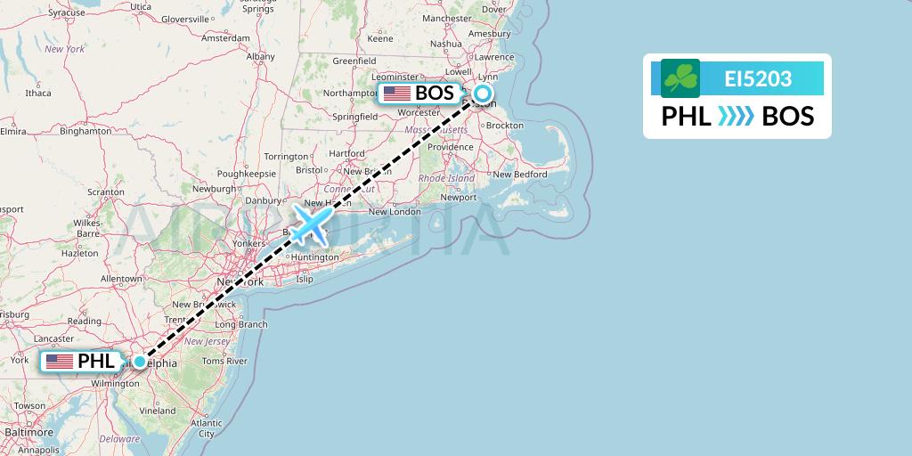 EI5203 Aer Lingus Flight Map: Philadelphia to Boston