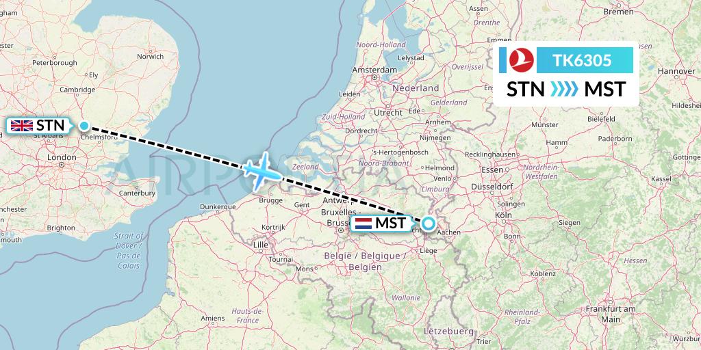 TK6305 Turkish Airlines Flight Map: London to Maastricht