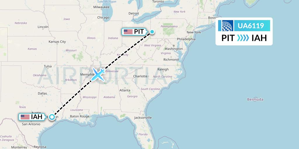 UA6119 United Airlines Flight Map: Pittsburgh to Houston