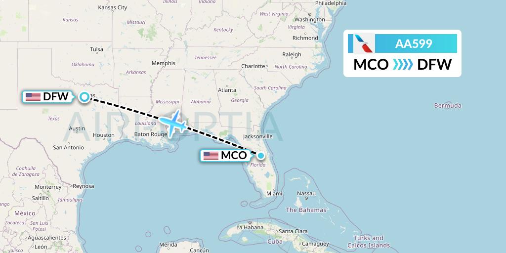 AA599 American Airlines Flight Map: Orlando to Dallas