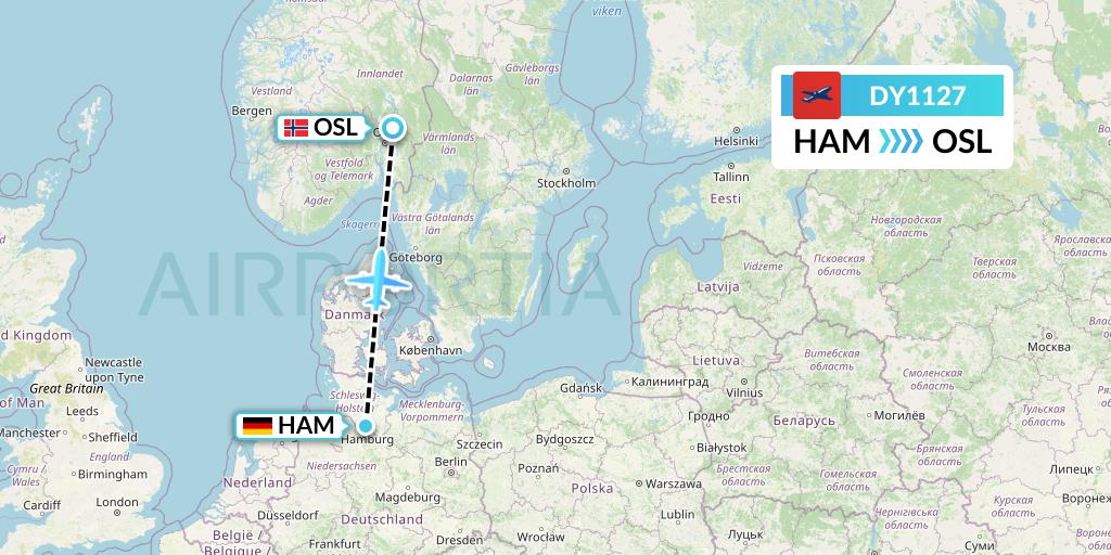 DY1127 Norwegian Flight Map: Hamburg to Oslo