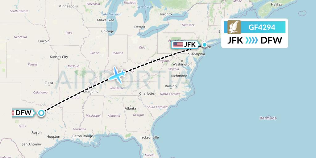 GF4294 Gulf Air Flight Map: New York to Dallas