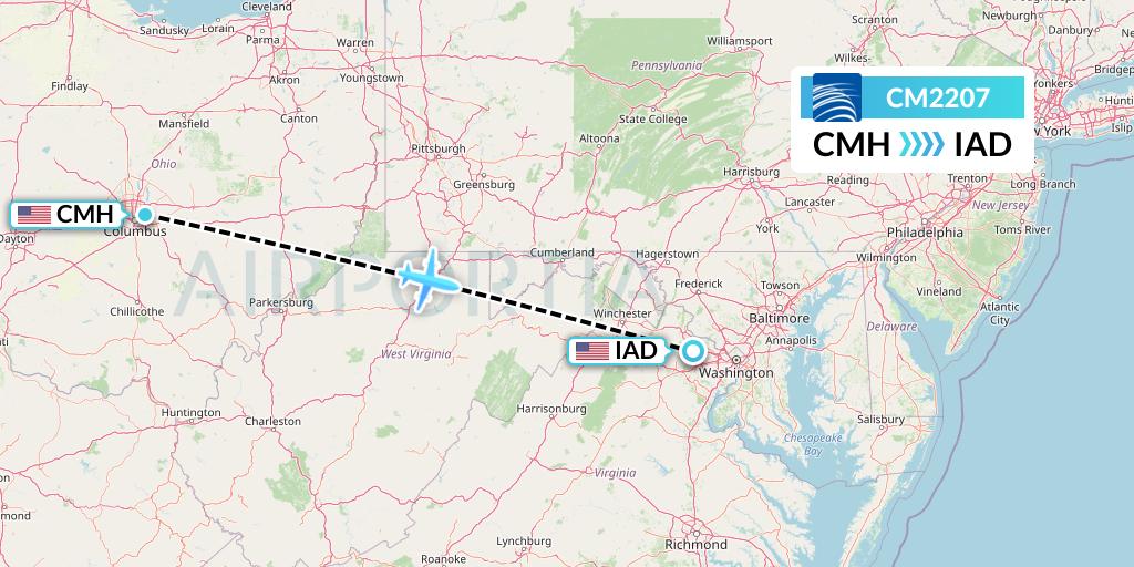 CM2207 Copa Airlines Flight Map: Columbus to Washington