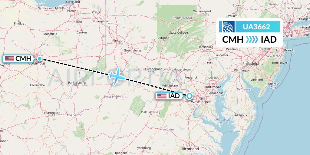 UA3662 United Airlines Flight Map: Columbus to Washington