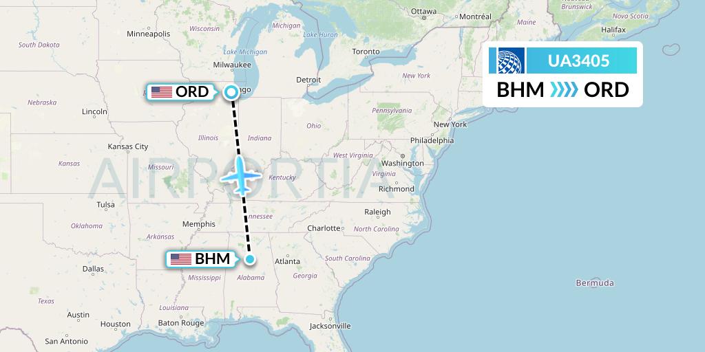 UA3405 United Airlines Flight Map: Birmingham to Chicago
