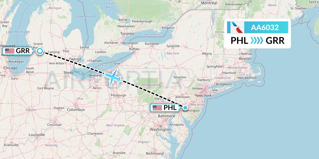 AA6032 American Airlines Flight Map: Philadelphia to Grand Rapids