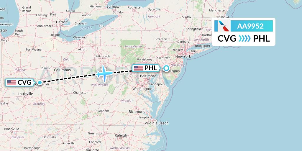 AA9952 American Airlines Flight Map: Cincinnati to Philadelphia