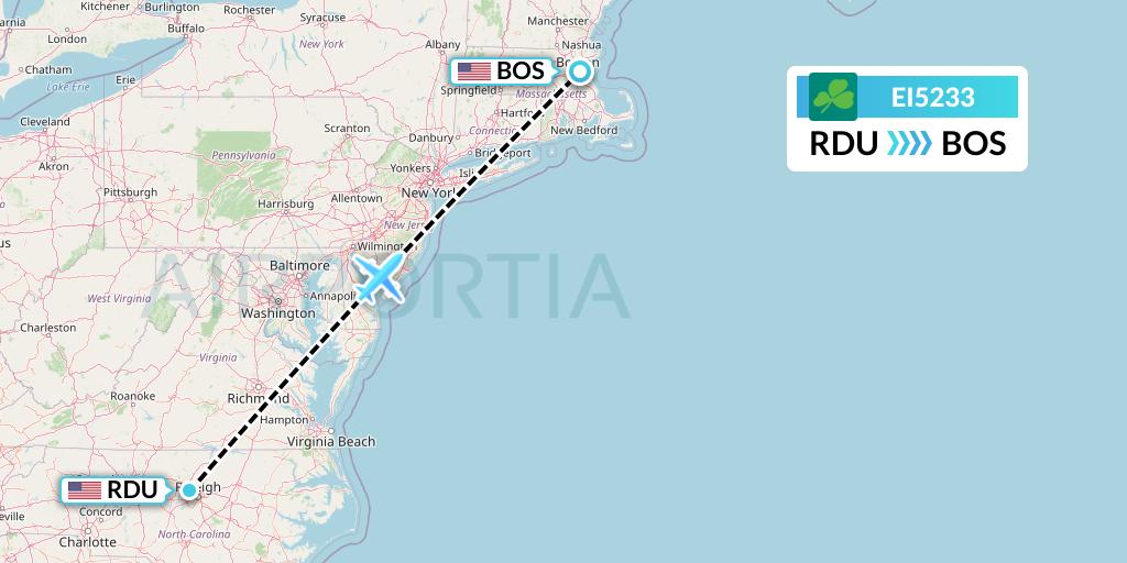 EI5233 Aer Lingus Flight Map: Raleigh-Durham to Boston