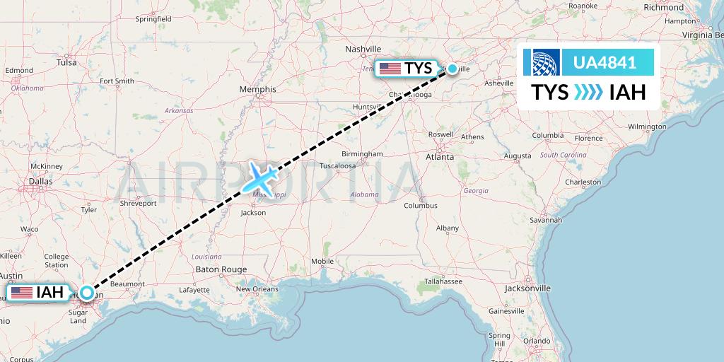 UA4841 United Airlines Flight Map: Knoxville to Houston