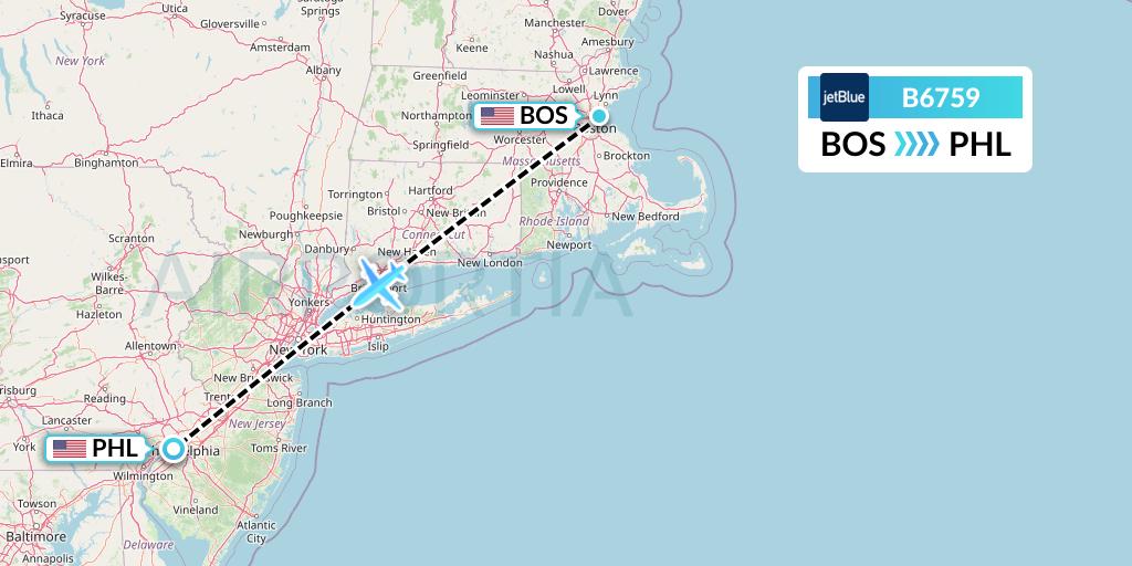 B6759 JetBlue Airways Flight Map: Boston to Philadelphia