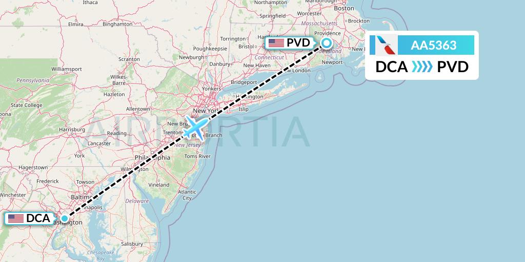 AA5363 American Airlines Flight Map: Washington to Providence