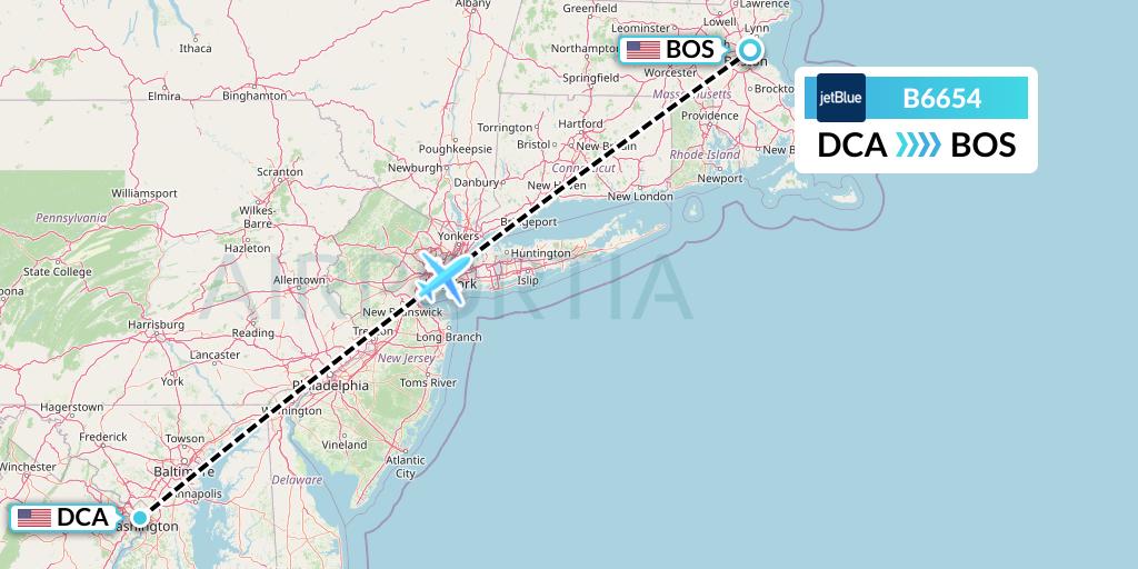 B6654 JetBlue Airways Flight Map: Washington to Boston
