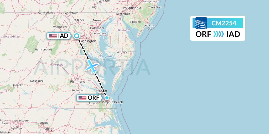 CM2254 Copa Airlines Flight Map: Norfolk to Washington