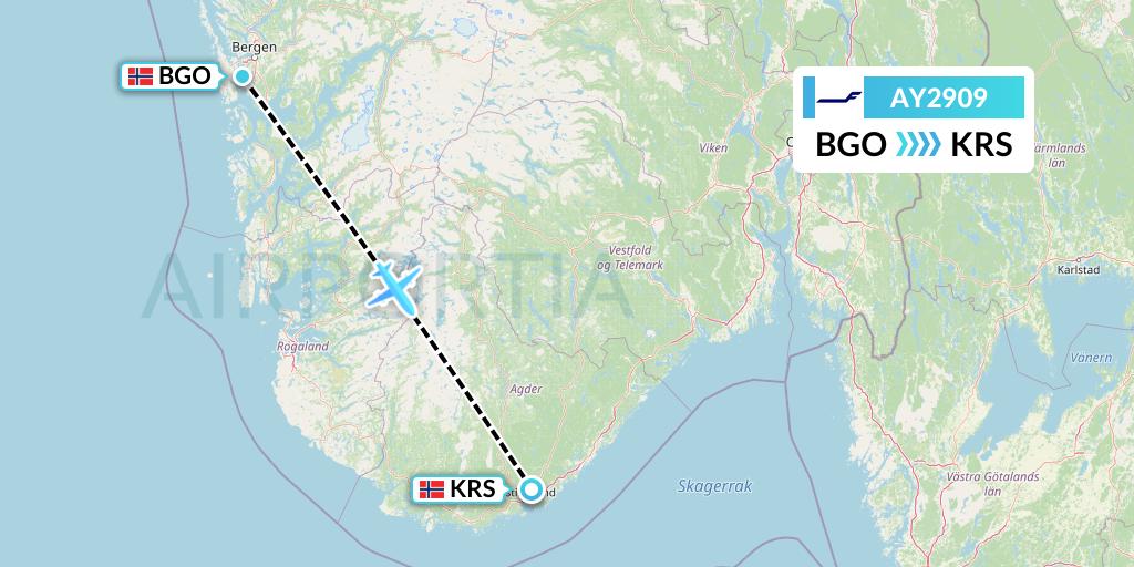 AY2909 Finnair Flight Map: Bergen to Kristiansand