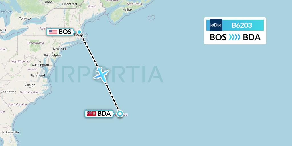 B6203 JetBlue Airways Flight Map: Boston to Bermuda